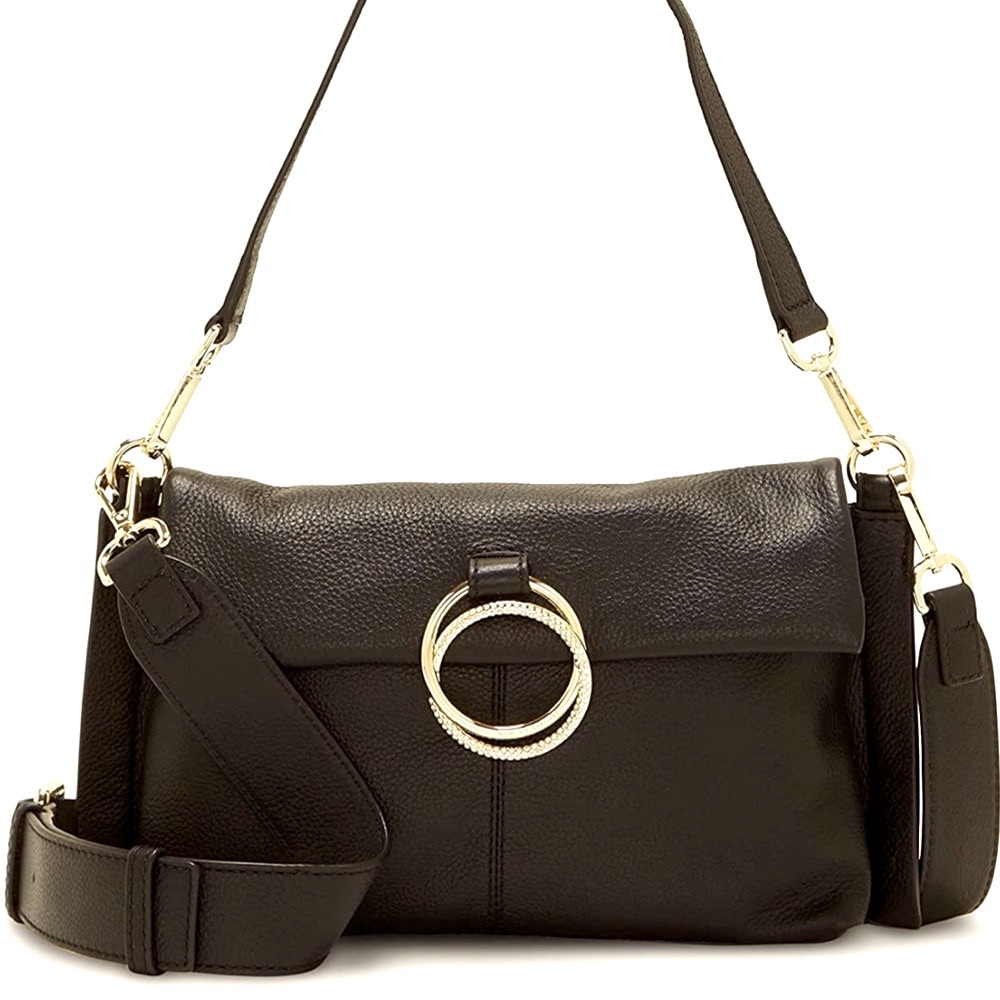 VINCE CAMUTO NWT BLACK LIVY smooth leather shoulder bag w/gold embellished ring